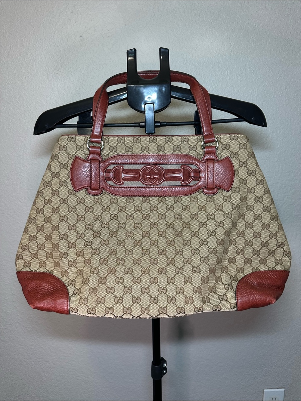 Gucci Beige GG Canvas Tote with Red Leather Trim